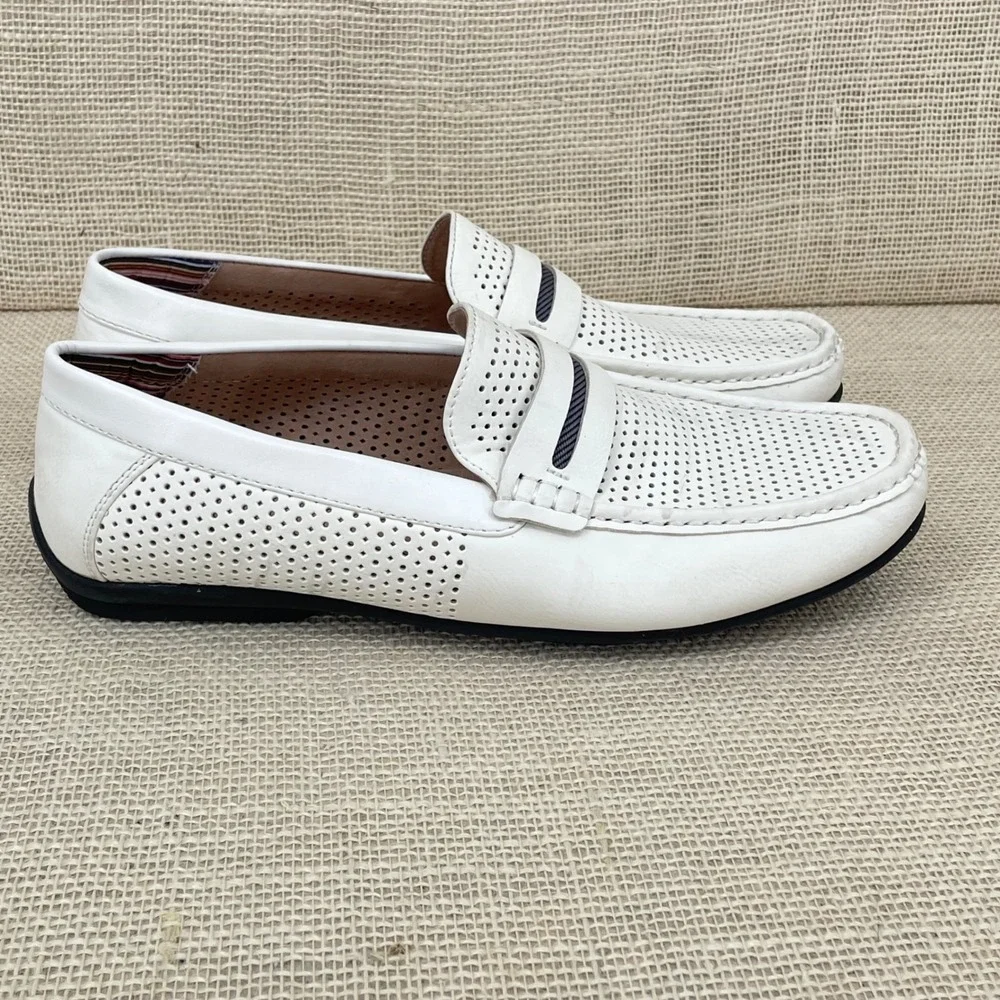 Stacy Adams Mens White Perforated Penny Loafers Driving Mocs 11 M 25513-100‎